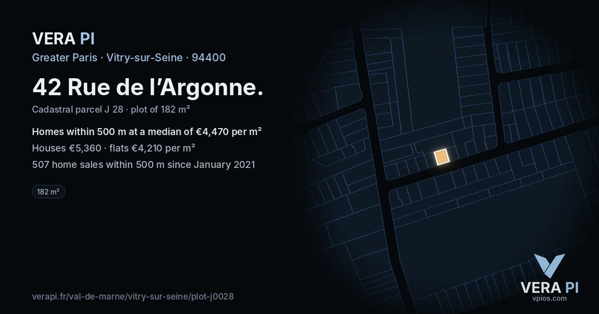 42 Rue de l’Argonne, Vitry-sur-Seine at night – the plot lit, the parcels around coloured by the prices near them