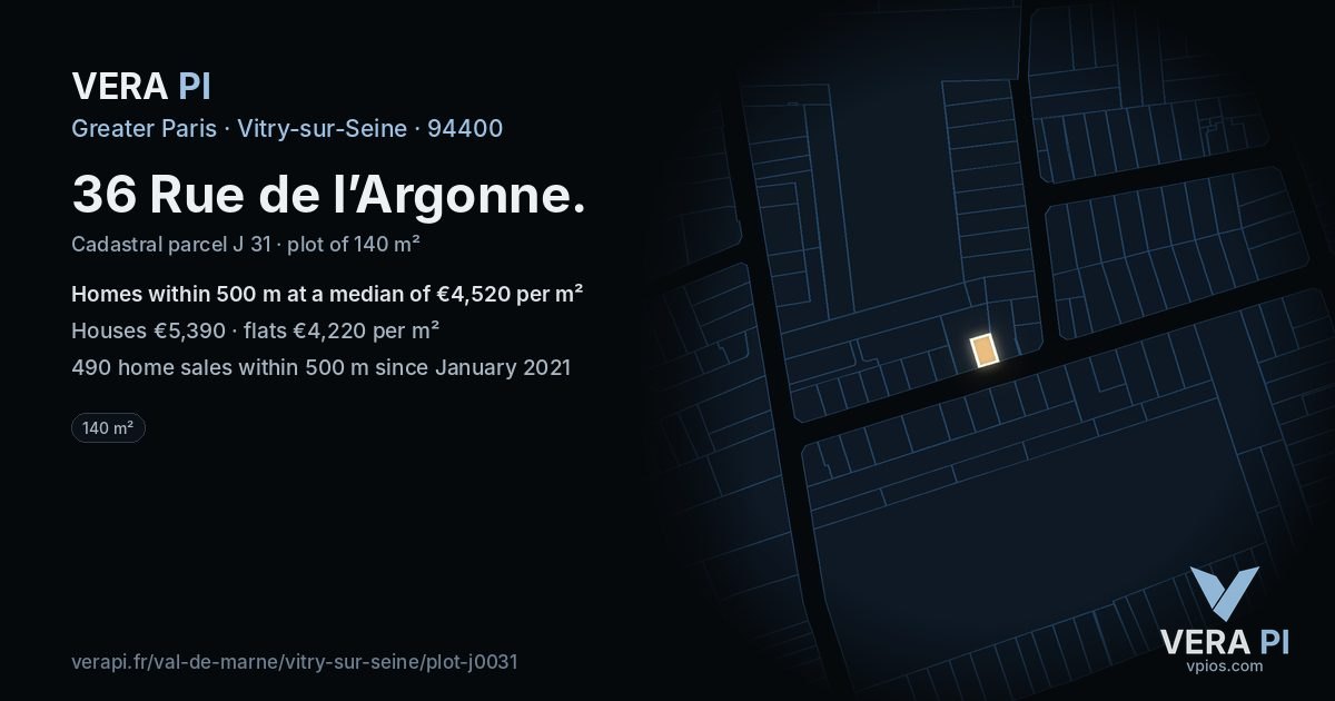 36 Rue de l’Argonne, Vitry-sur-Seine at night – the plot lit, the parcels around coloured by the prices near them