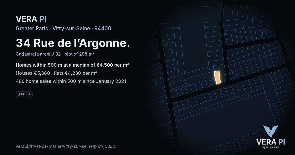 34 Rue de l’Argonne, Vitry-sur-Seine at night – the plot lit, the parcels around coloured by the prices near them