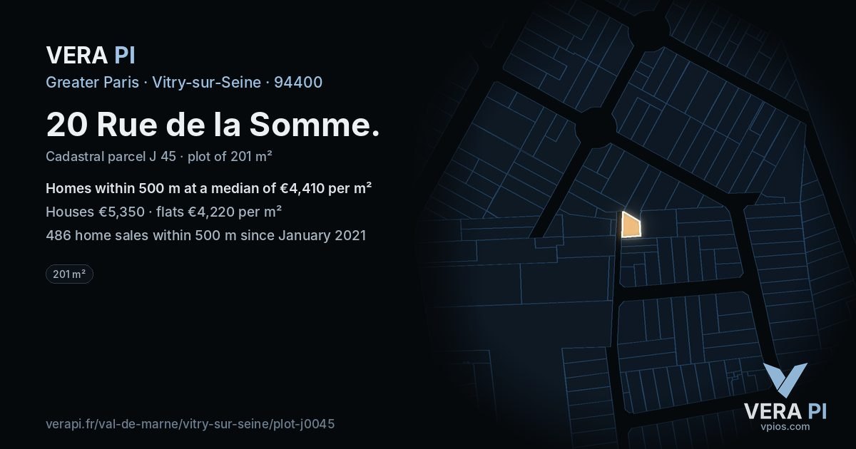 20 Rue de la Somme, Vitry-sur-Seine at night – the plot lit, the parcels around coloured by the prices near them