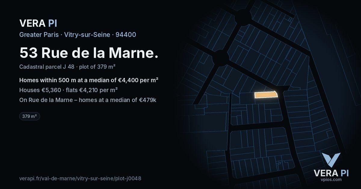 53 Rue de la Marne, Vitry-sur-Seine at night – the plot lit, the parcels around coloured by the prices near them