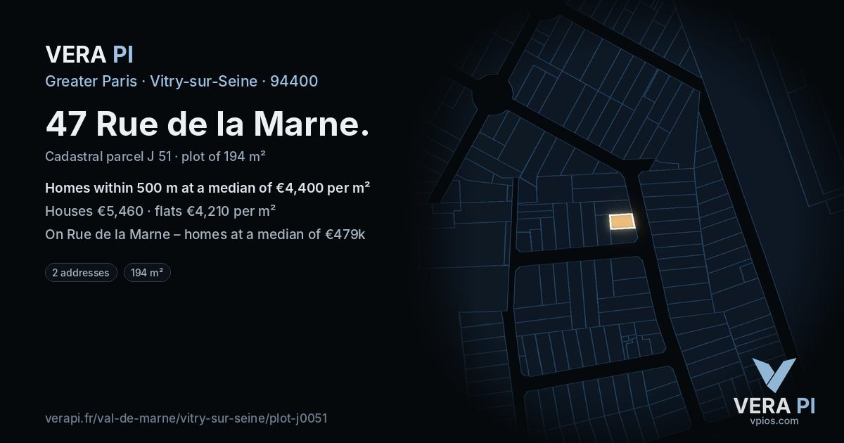 47 Rue de la Marne, Vitry-sur-Seine at night – the plot lit, the parcels around coloured by the prices near them