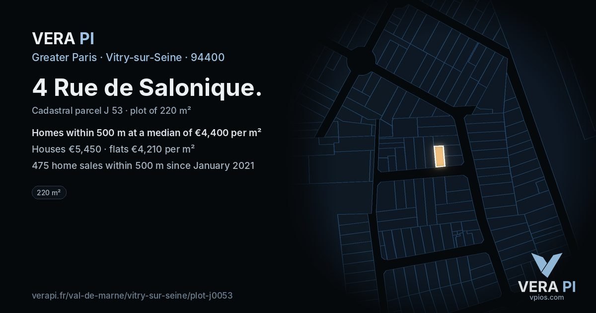 4 Rue de Salonique, Vitry-sur-Seine at night – the plot lit, the parcels around coloured by the prices near them