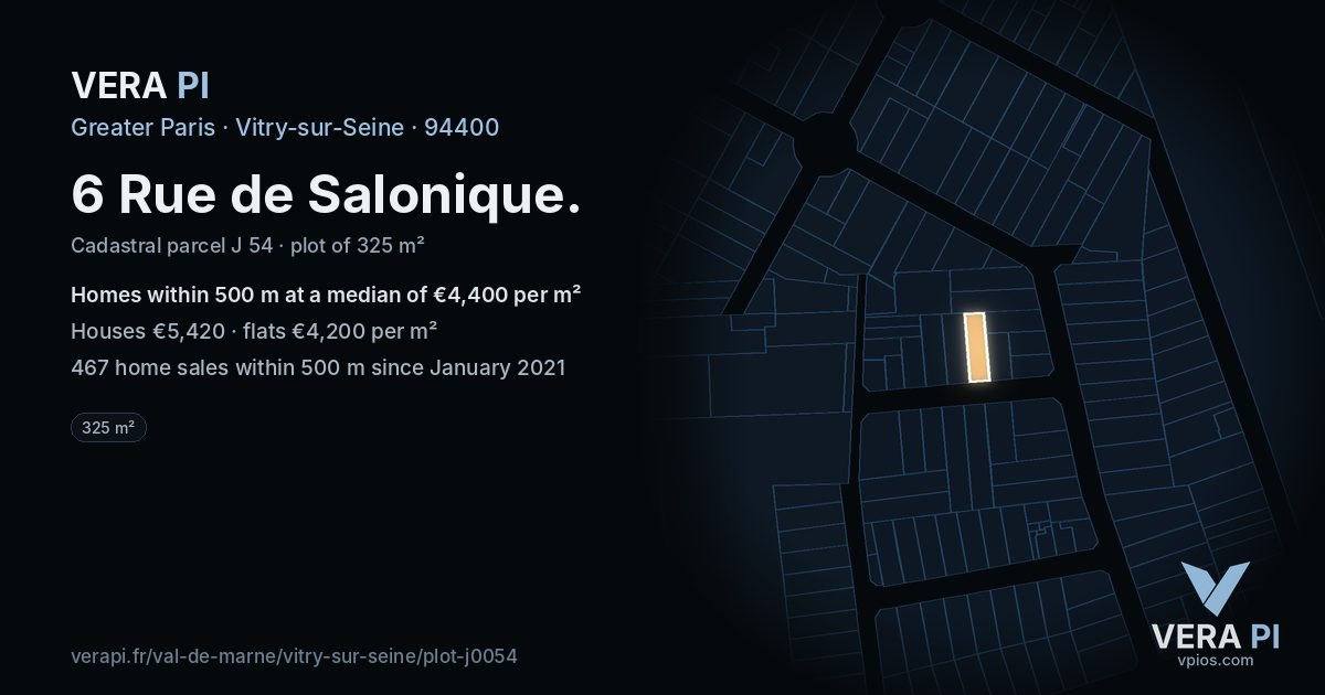 6 Rue de Salonique, Vitry-sur-Seine at night – the plot lit, the parcels around coloured by the prices near them