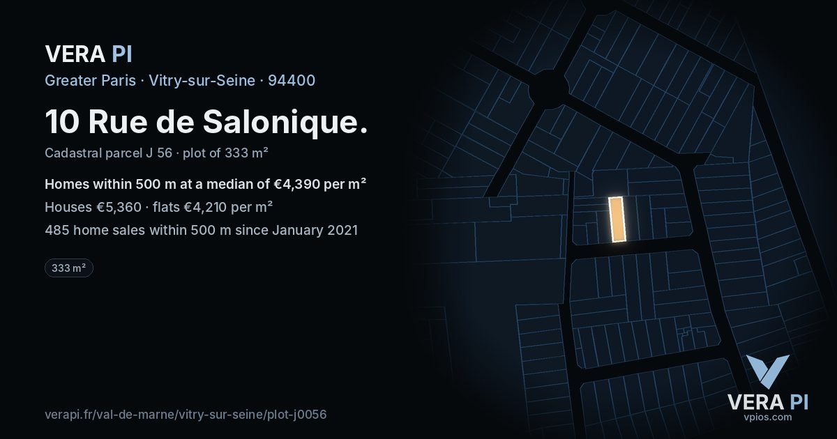 10 Rue de Salonique, Vitry-sur-Seine at night – the plot lit, the parcels around coloured by the prices near them