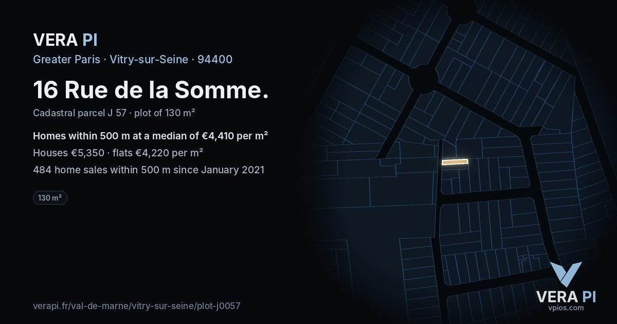 16 Rue de la Somme, Vitry-sur-Seine at night – the plot lit, the parcels around coloured by the prices near them