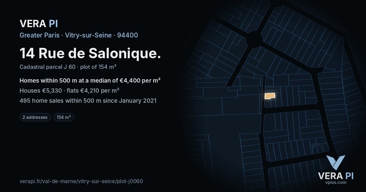 14 Rue de Salonique, Vitry-sur-Seine at night – the plot lit, the parcels around coloured by the prices near them