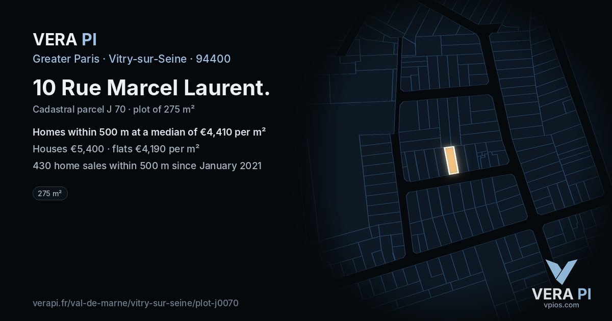 10 Rue Marcel Laurent, Vitry-sur-Seine at night – the plot lit, the parcels around coloured by the prices near them