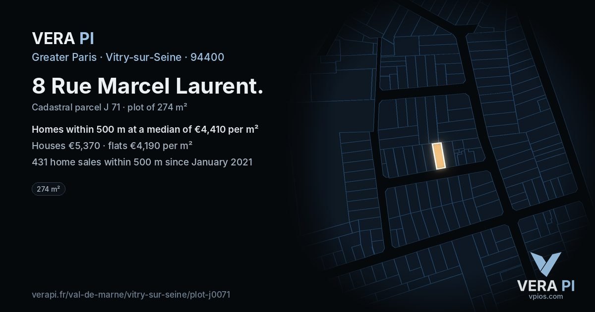 8 Rue Marcel Laurent, Vitry-sur-Seine at night – the plot lit, the parcels around coloured by the prices near them