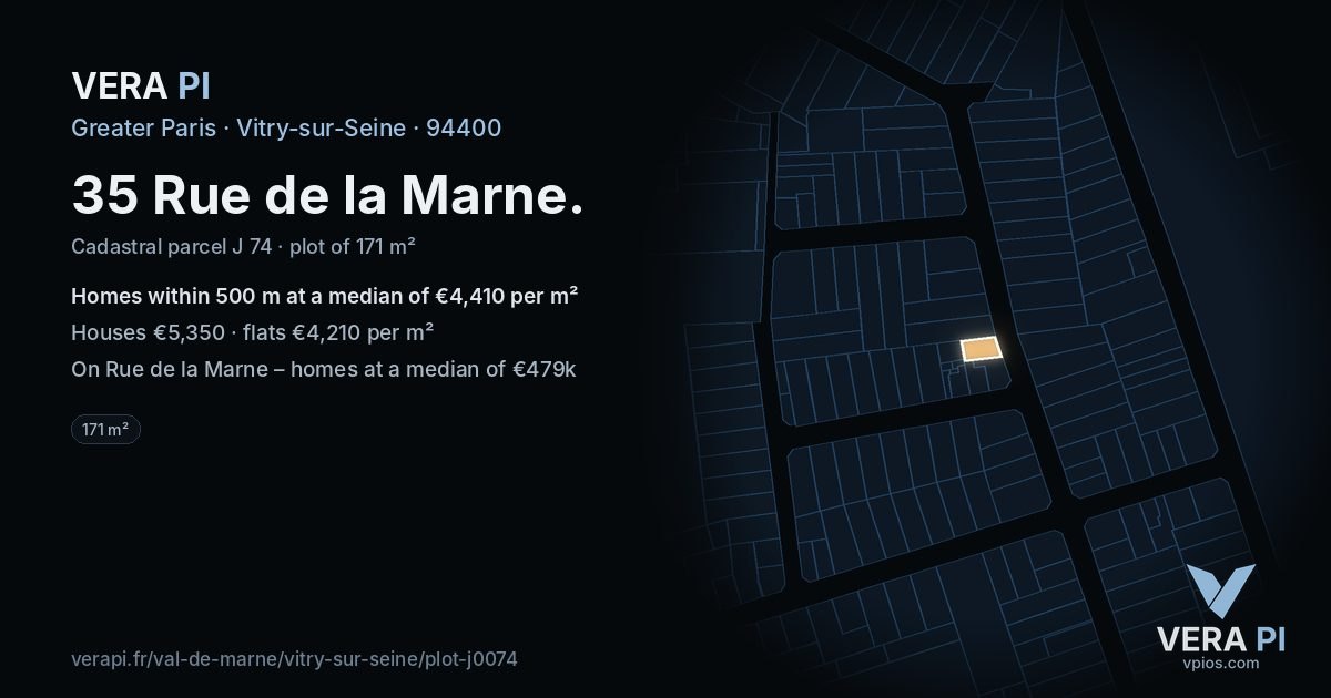 35 Rue de la Marne, Vitry-sur-Seine at night – the plot lit, the parcels around coloured by the prices near them