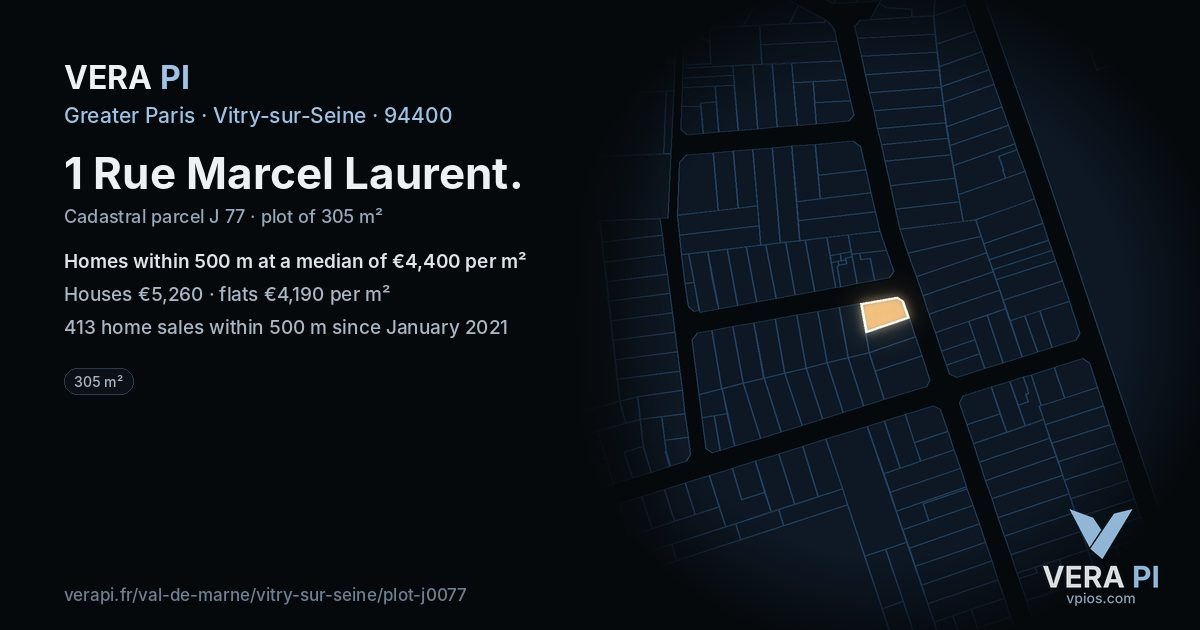 1 Rue Marcel Laurent, Vitry-sur-Seine at night – the plot lit, the parcels around coloured by the prices near them