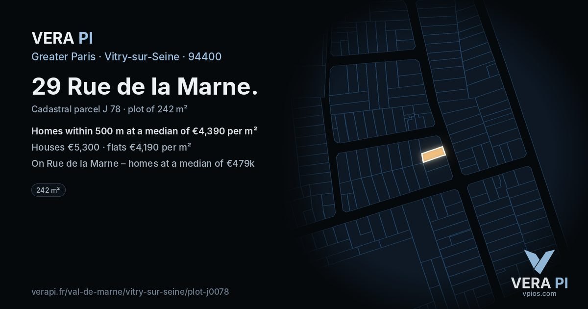 29 Rue de la Marne, Vitry-sur-Seine at night – the plot lit, the parcels around coloured by the prices near them