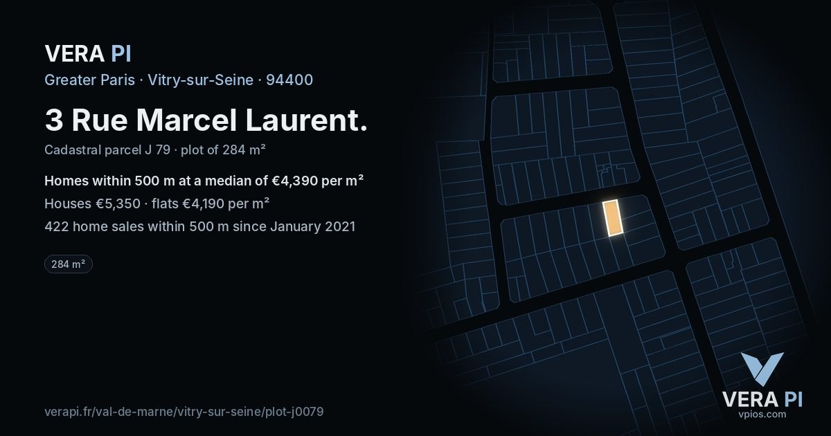 3 Rue Marcel Laurent, Vitry-sur-Seine at night – the plot lit, the parcels around coloured by the prices near them