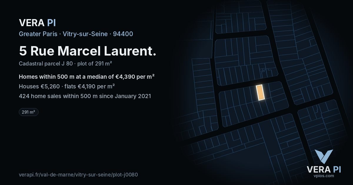5 Rue Marcel Laurent, Vitry-sur-Seine at night – the plot lit, the parcels around coloured by the prices near them