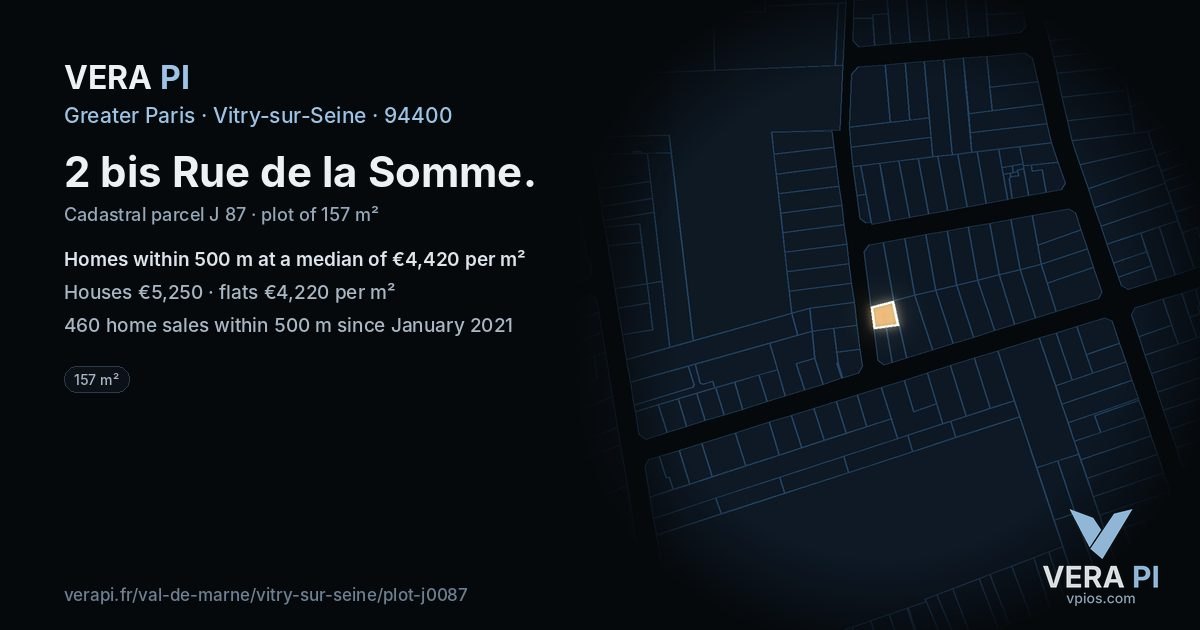 2 bis Rue de la Somme, Vitry-sur-Seine at night – the plot lit, the parcels around coloured by the prices near them