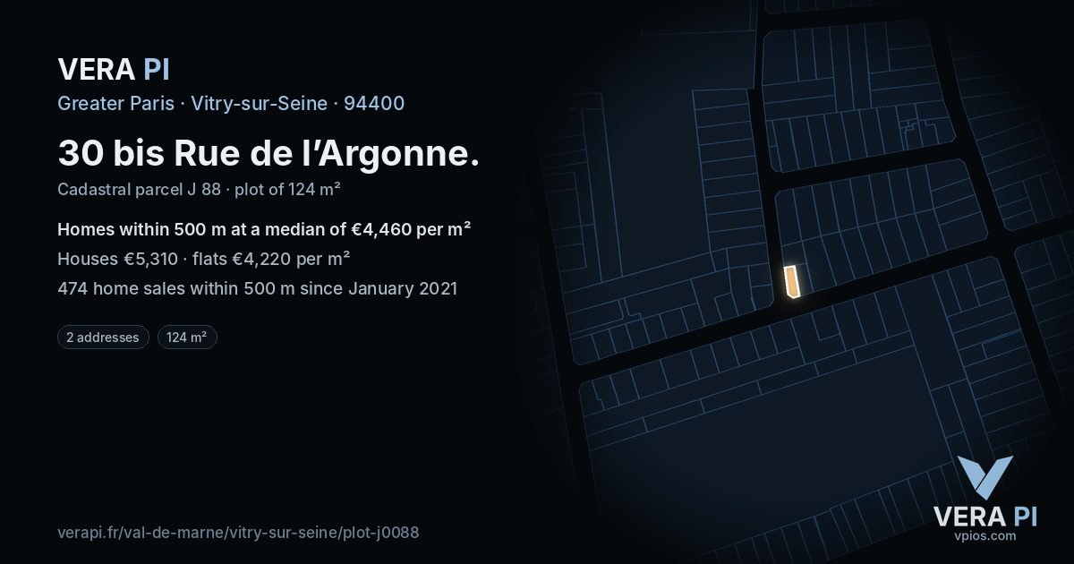 30 bis Rue de l’Argonne, Vitry-sur-Seine at night – the plot lit, the parcels around coloured by the prices near them