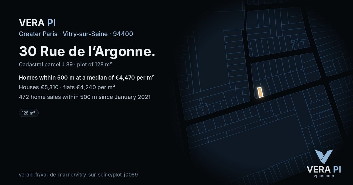 30 Rue de l’Argonne, Vitry-sur-Seine at night – the plot lit, the parcels around coloured by the prices near them