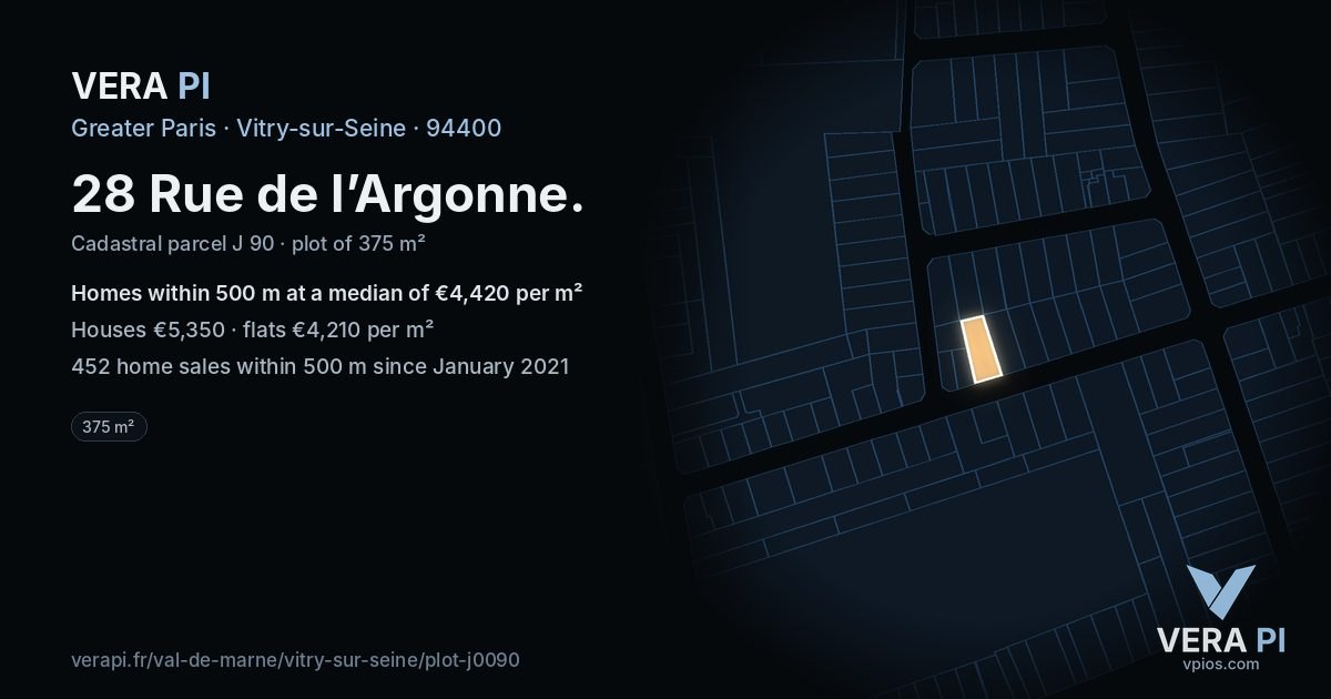 28 Rue de l’Argonne, Vitry-sur-Seine at night – the plot lit, the parcels around coloured by the prices near them