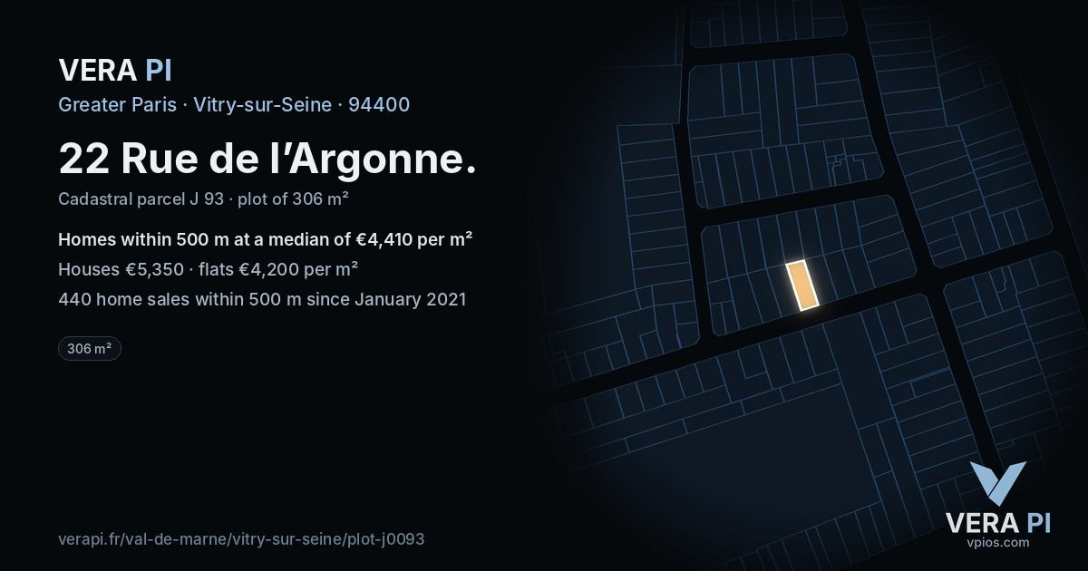 22 Rue de l’Argonne, Vitry-sur-Seine at night – the plot lit, the parcels around coloured by the prices near them