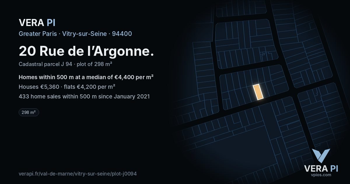 20 Rue de l’Argonne, Vitry-sur-Seine at night – the plot lit, the parcels around coloured by the prices near them