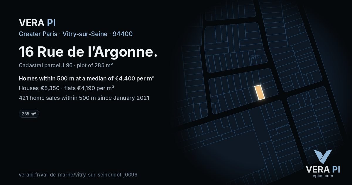 16 Rue de l’Argonne, Vitry-sur-Seine at night – the plot lit, the parcels around coloured by the prices near them
