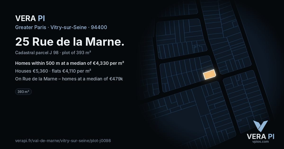 25 Rue de la Marne, Vitry-sur-Seine at night – the plot lit, the parcels around coloured by the prices near them