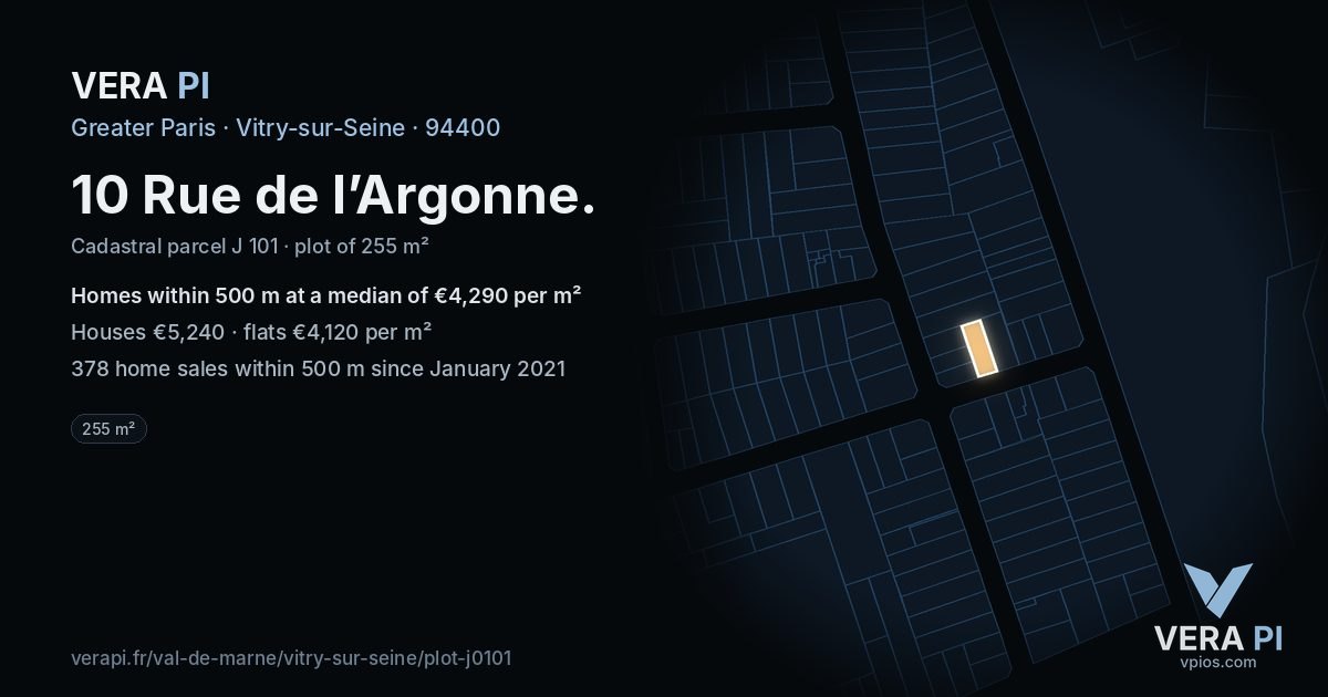 10 Rue de l’Argonne, Vitry-sur-Seine at night – the plot lit, the parcels around coloured by the prices near them