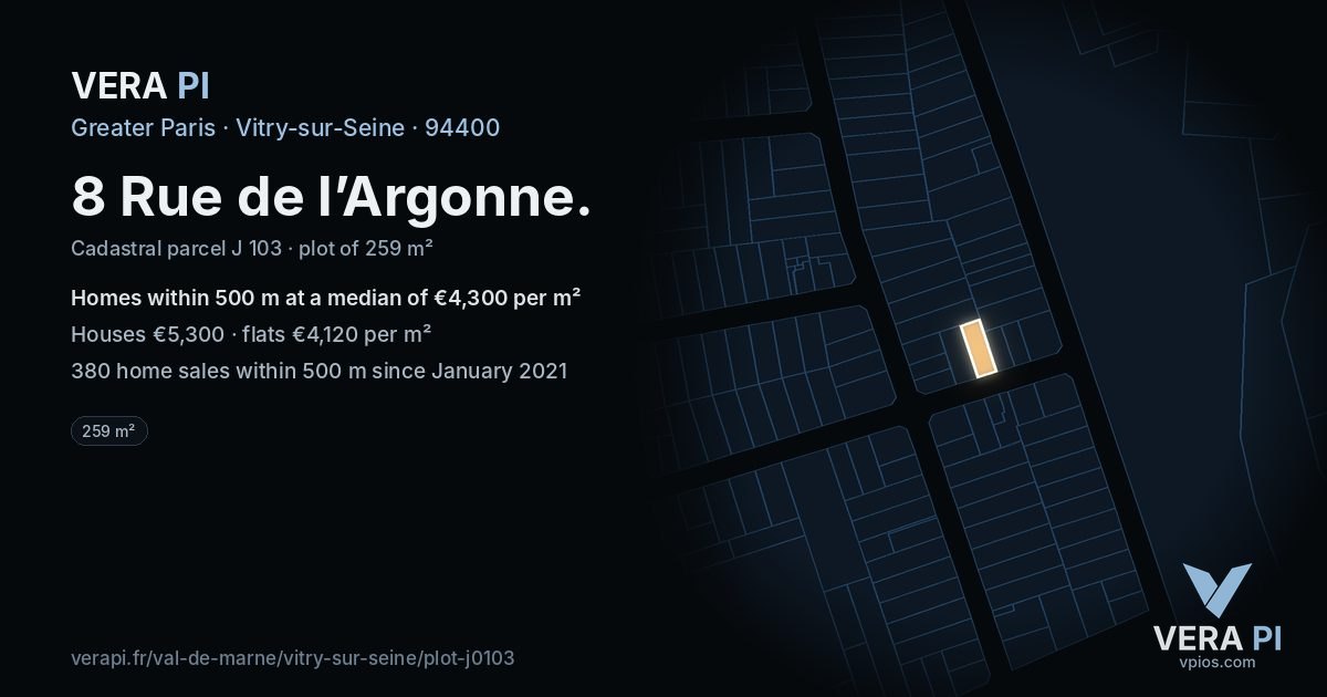 8 Rue de l’Argonne, Vitry-sur-Seine at night – the plot lit, the parcels around coloured by the prices near them
