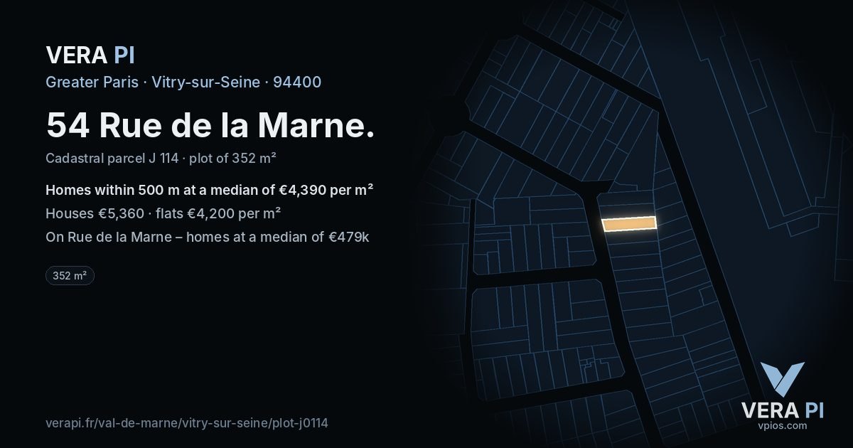 54 Rue de la Marne, Vitry-sur-Seine at night – the plot lit, the parcels around coloured by the prices near them