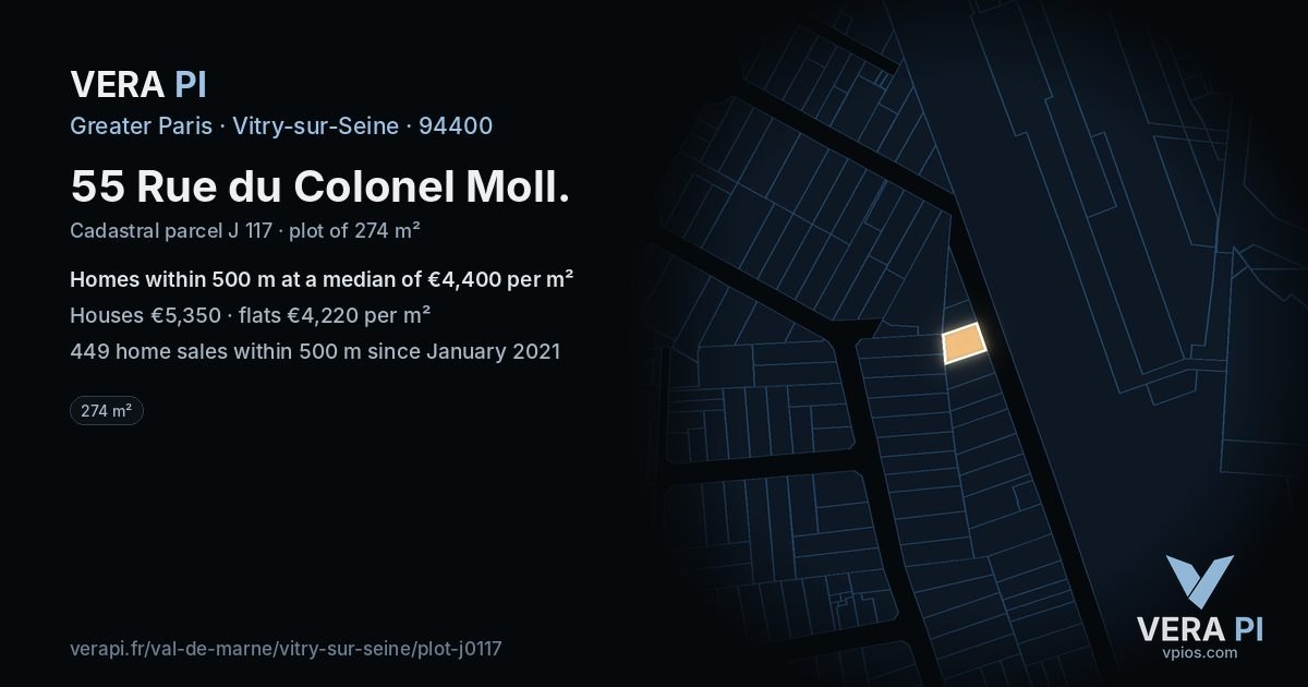 55 Rue du Colonel Moll, Vitry-sur-Seine at night – the plot lit, the parcels around coloured by the prices near them