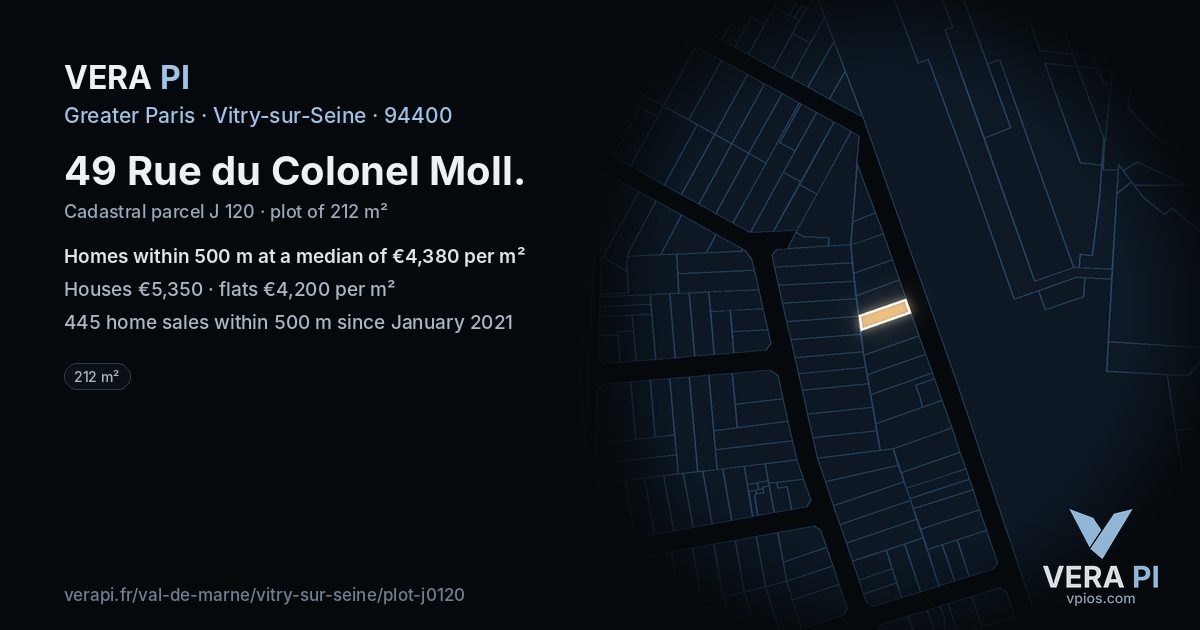 49 Rue du Colonel Moll, Vitry-sur-Seine at night – the plot lit, the parcels around coloured by the prices near them
