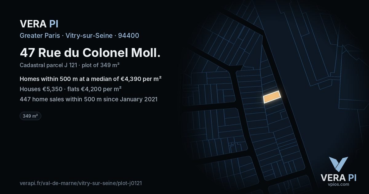47 Rue du Colonel Moll, Vitry-sur-Seine at night – the plot lit, the parcels around coloured by the prices near them