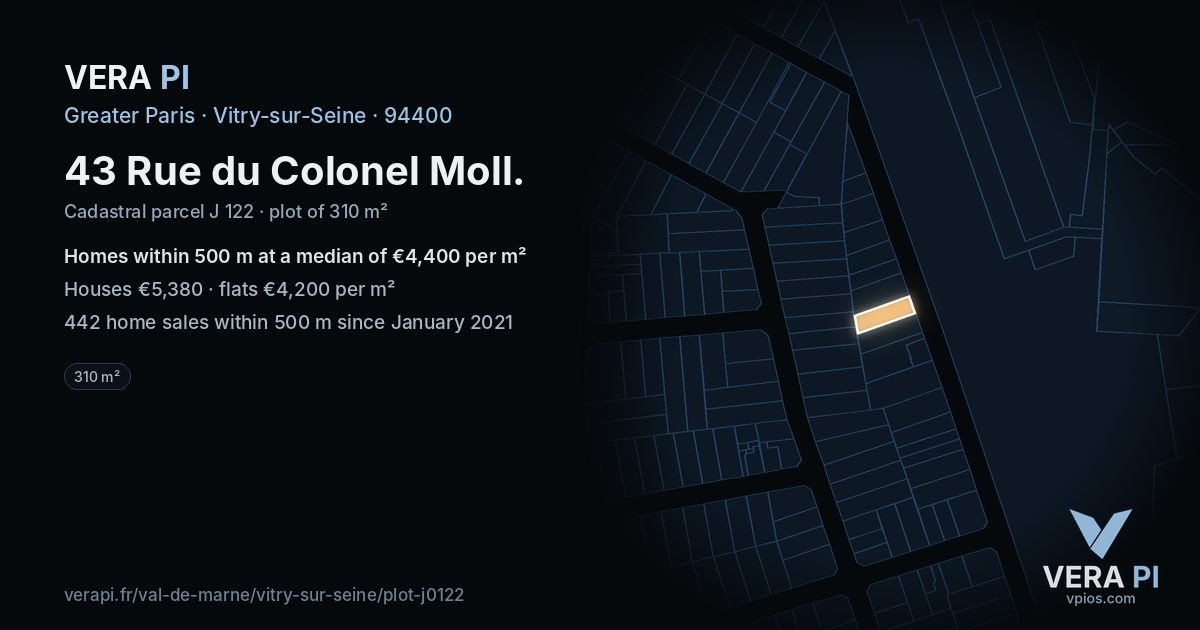 43 Rue du Colonel Moll, Vitry-sur-Seine at night – the plot lit, the parcels around coloured by the prices near them