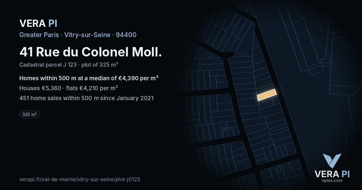 41 Rue du Colonel Moll, Vitry-sur-Seine at night – the plot lit, the parcels around coloured by the prices near them
