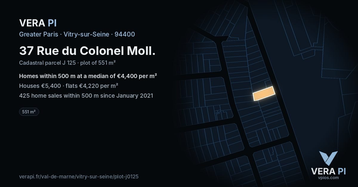37 Rue du Colonel Moll, Vitry-sur-Seine at night – the plot lit, the parcels around coloured by the prices near them