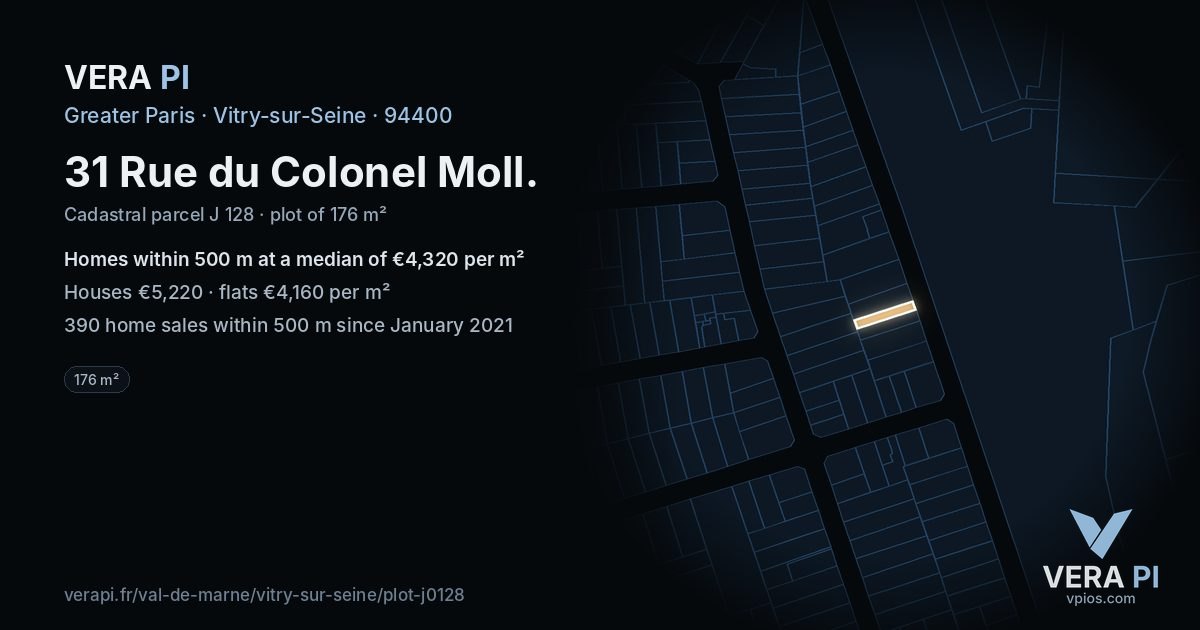 31 Rue du Colonel Moll, Vitry-sur-Seine at night – the plot lit, the parcels around coloured by the prices near them