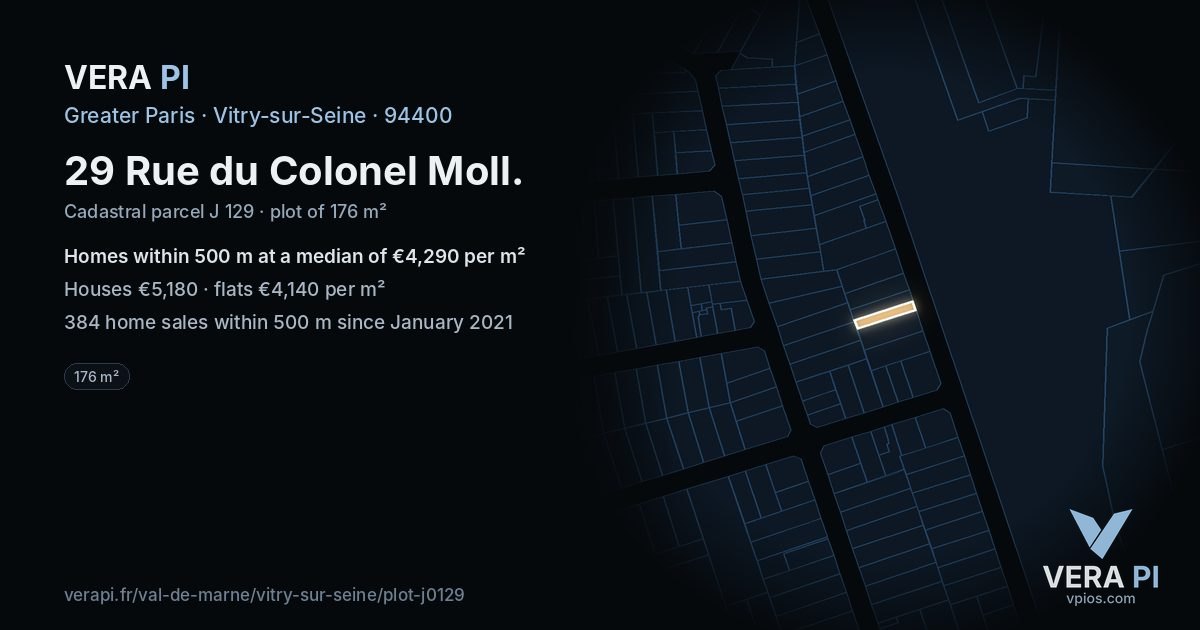 29 Rue du Colonel Moll, Vitry-sur-Seine at night – the plot lit, the parcels around coloured by the prices near them