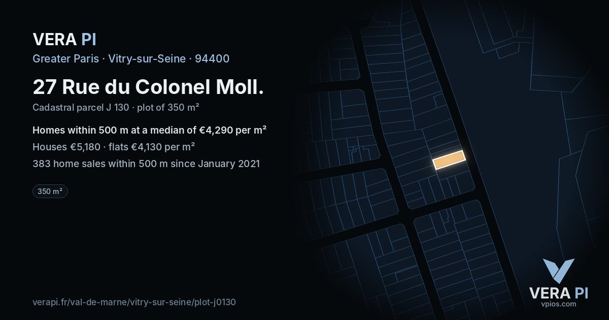 27 Rue du Colonel Moll, Vitry-sur-Seine at night – the plot lit, the parcels around coloured by the prices near them