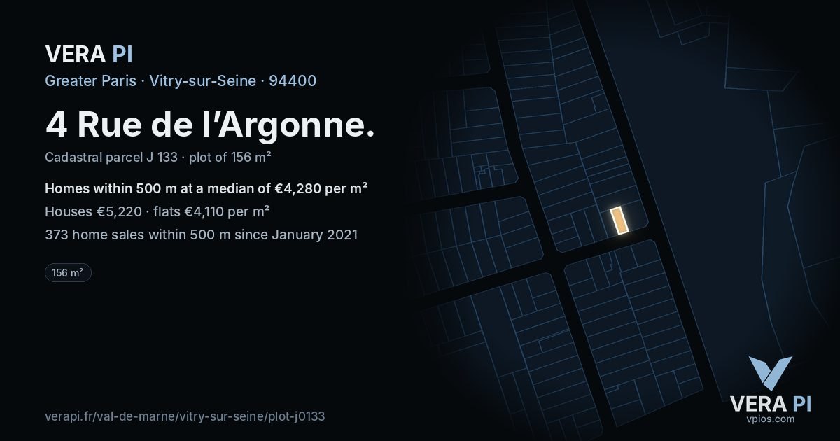 4 Rue de l’Argonne, Vitry-sur-Seine at night – the plot lit, the parcels around coloured by the prices near them