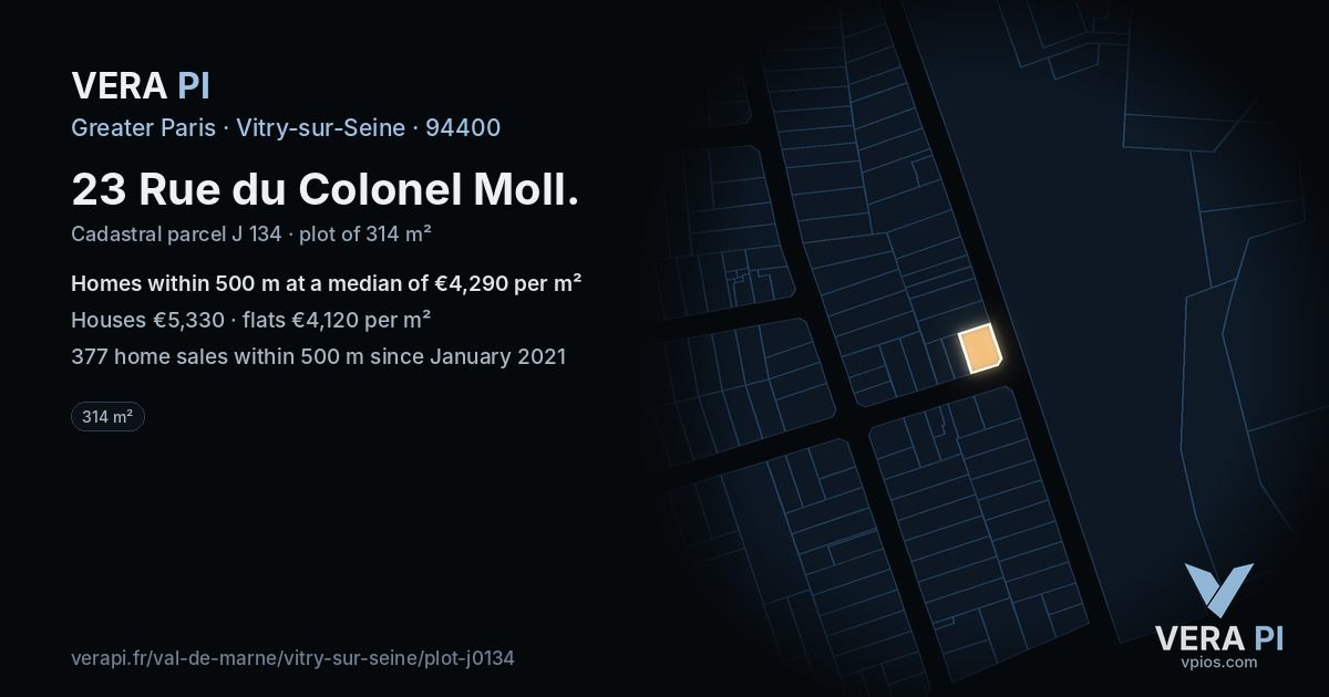 23 Rue du Colonel Moll, Vitry-sur-Seine at night – the plot lit, the parcels around coloured by the prices near them