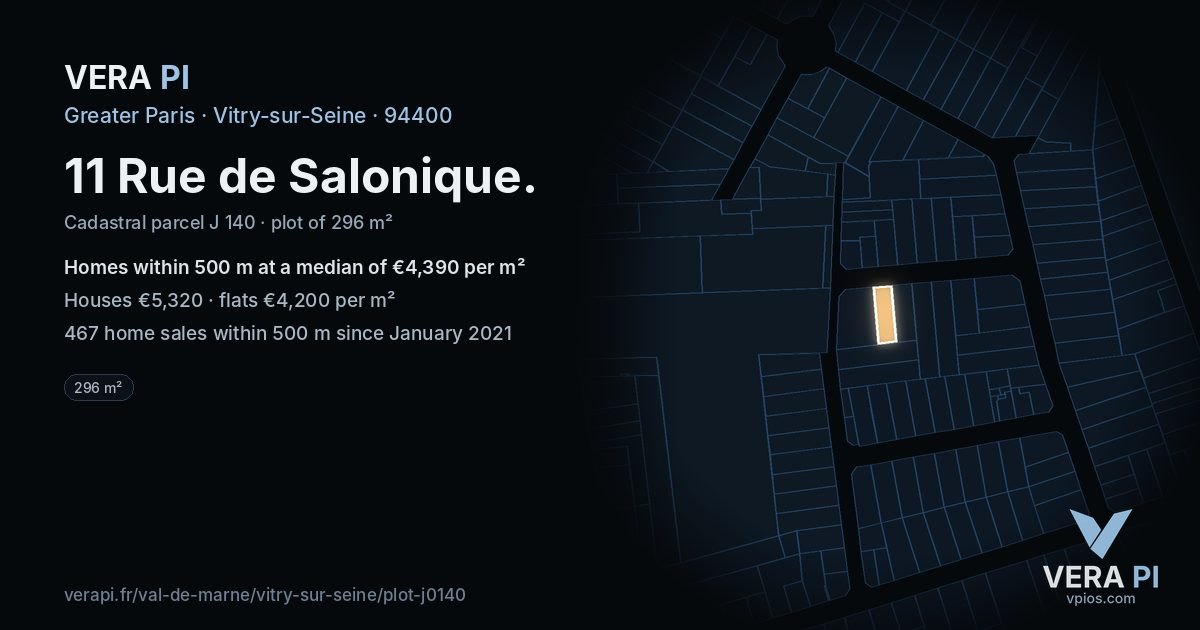 11 Rue de Salonique, Vitry-sur-Seine at night – the plot lit, the parcels around coloured by the prices near them