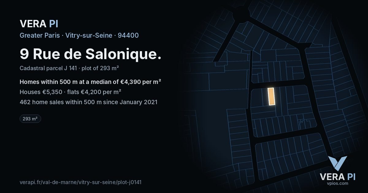 9 Rue de Salonique, Vitry-sur-Seine at night – the plot lit, the parcels around coloured by the prices near them