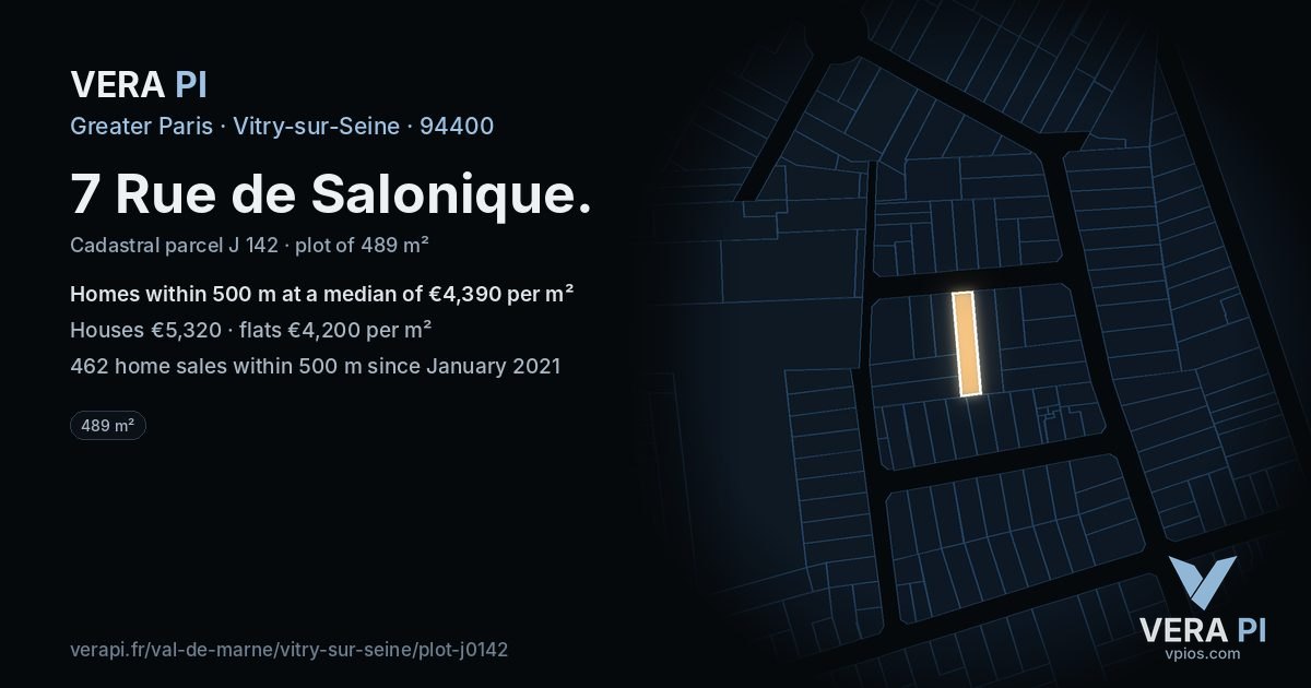 7 Rue de Salonique, Vitry-sur-Seine at night – the plot lit, the parcels around coloured by the prices near them