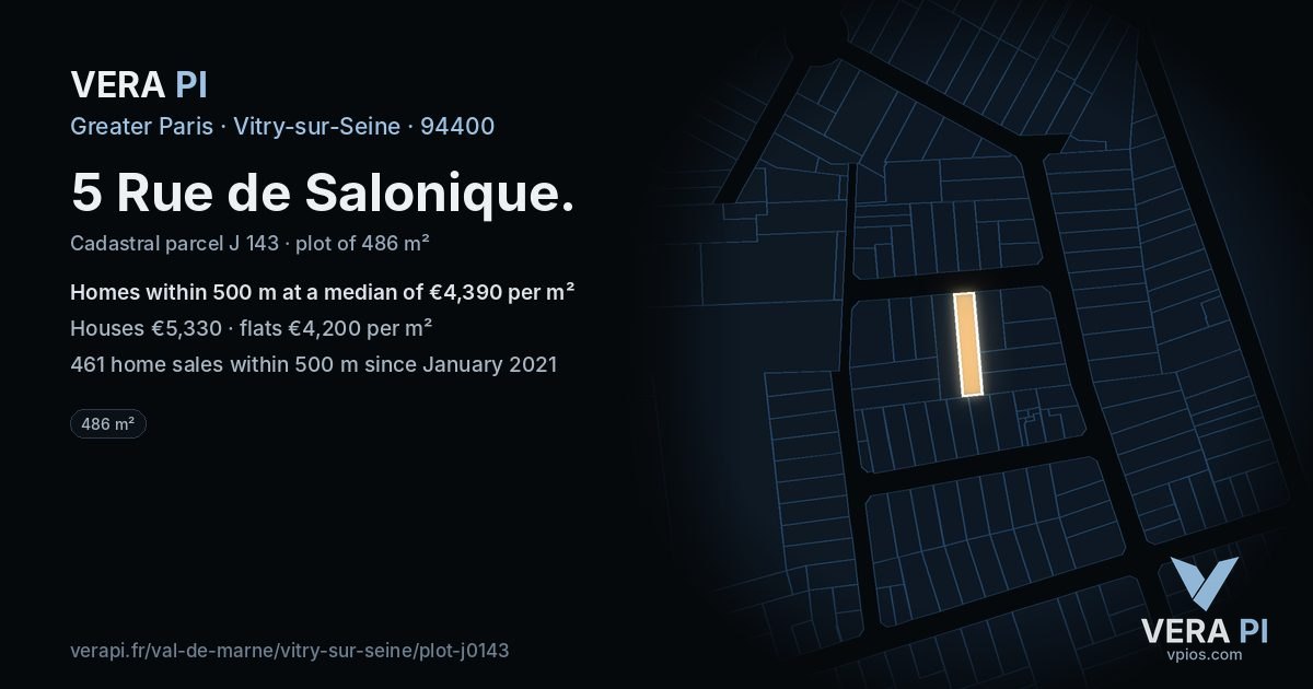 5 Rue de Salonique, Vitry-sur-Seine at night – the plot lit, the parcels around coloured by the prices near them