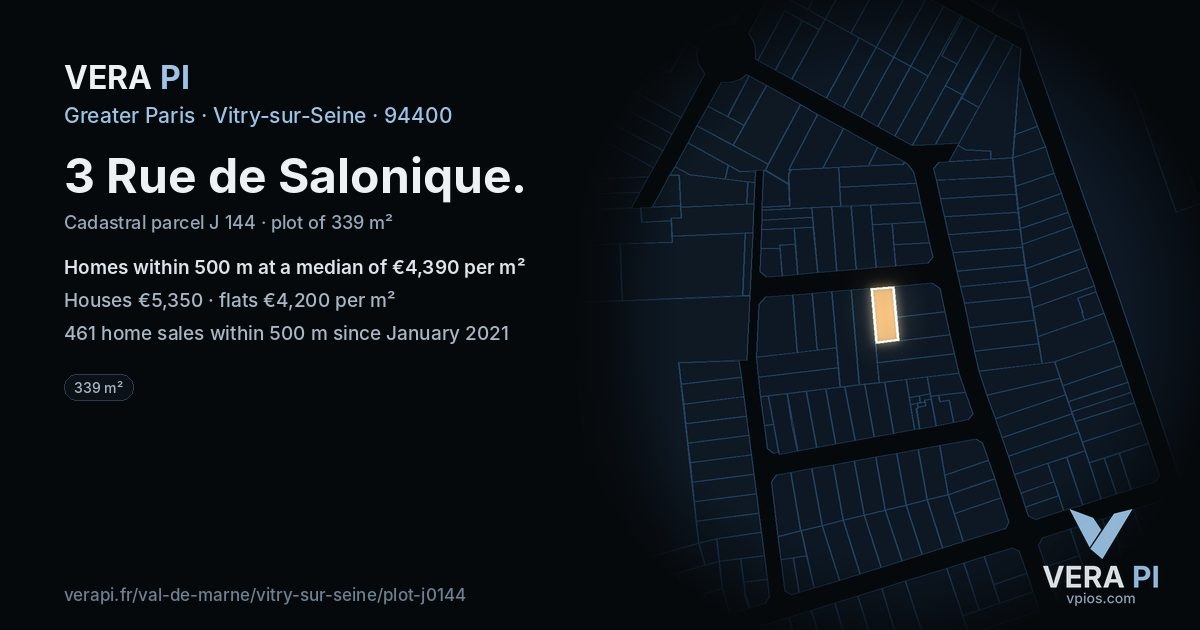 3 Rue de Salonique, Vitry-sur-Seine at night – the plot lit, the parcels around coloured by the prices near them