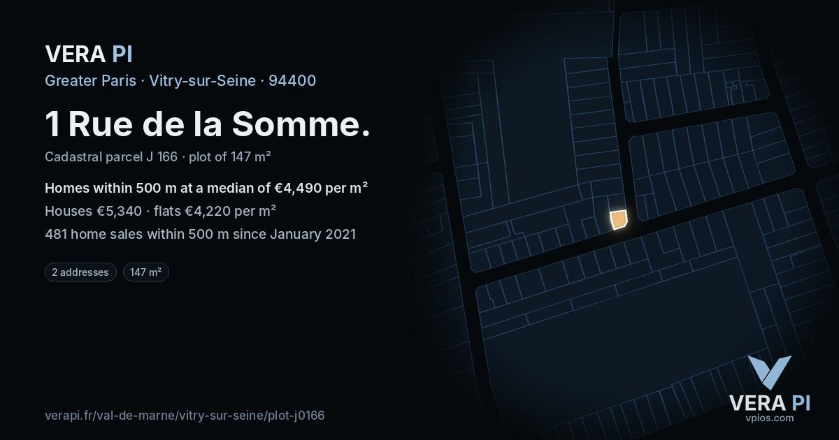 1 Rue de la Somme, Vitry-sur-Seine at night – the plot lit, the parcels around coloured by the prices near them