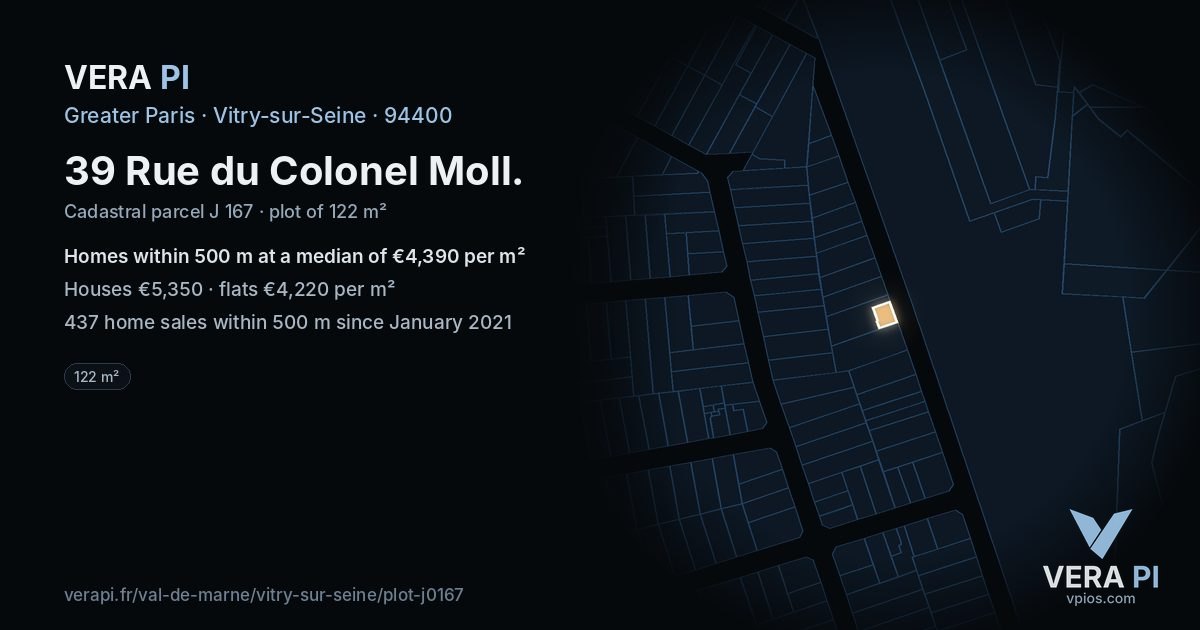 39 Rue du Colonel Moll, Vitry-sur-Seine at night – the plot lit, the parcels around coloured by the prices near them