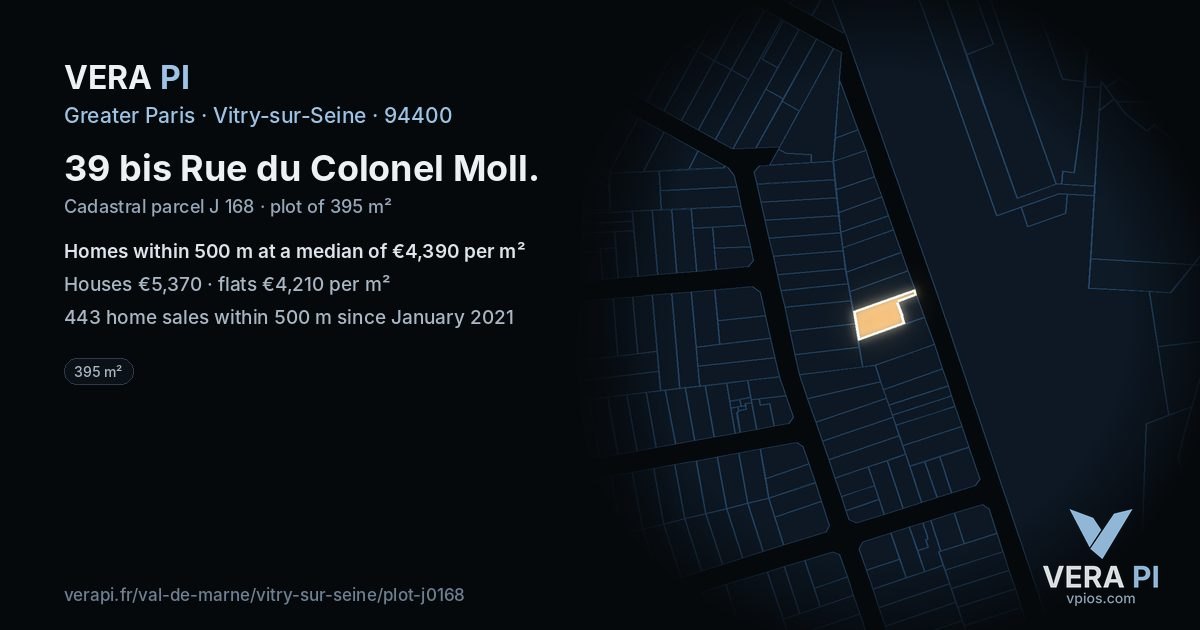 39 bis Rue du Colonel Moll, Vitry-sur-Seine at night – the plot lit, the parcels around coloured by the prices near them