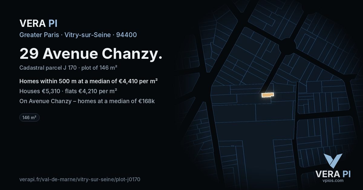 29 Avenue Chanzy, Vitry-sur-Seine at night – the plot lit, the parcels around coloured by the prices near them