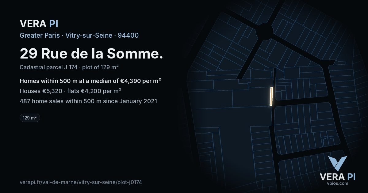 29 Rue de la Somme, Vitry-sur-Seine at night – the plot lit, the parcels around coloured by the prices near them